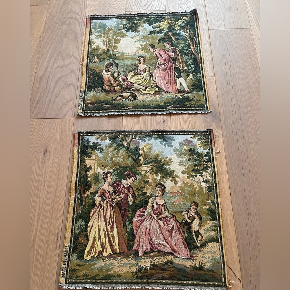 2 Vintage Pastoral Scene needle point Tapestry French courtship Aubusson Gobelin